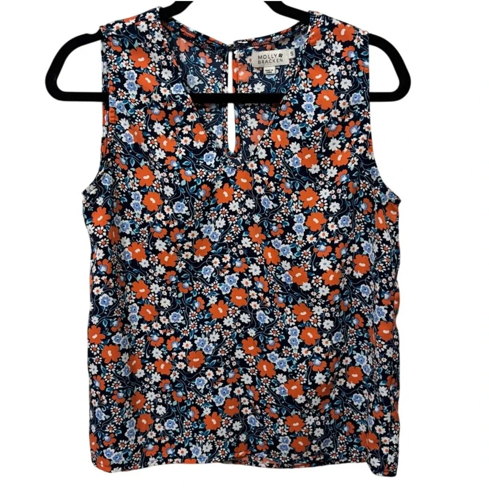Molly Bracken Orange‎ and Blue Sleeveless Blouse V Neck Floral